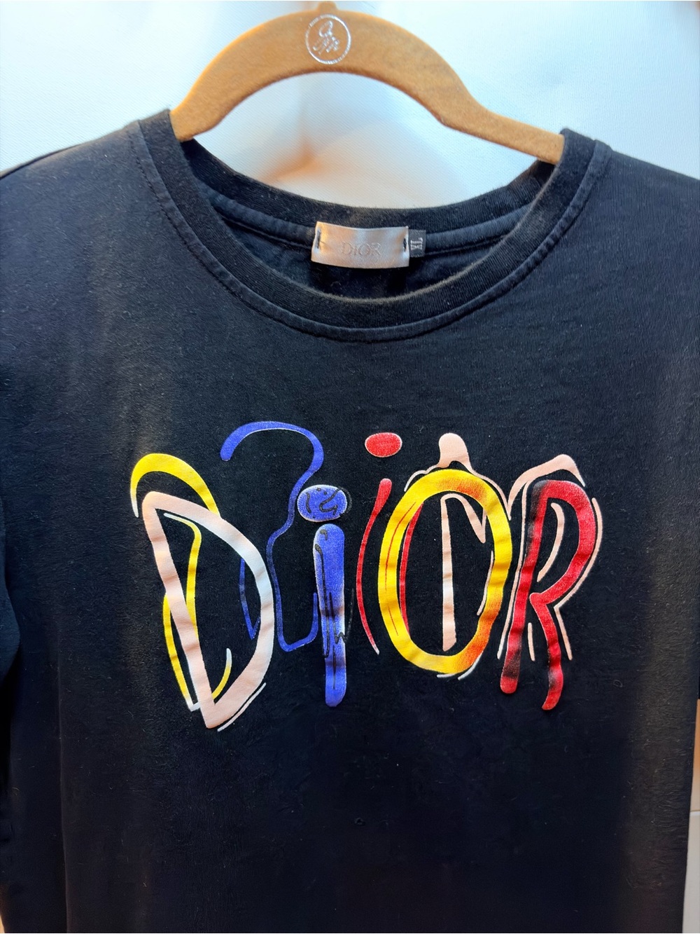 Dior Kids Black Tee with Multicolor Graffiti Logo